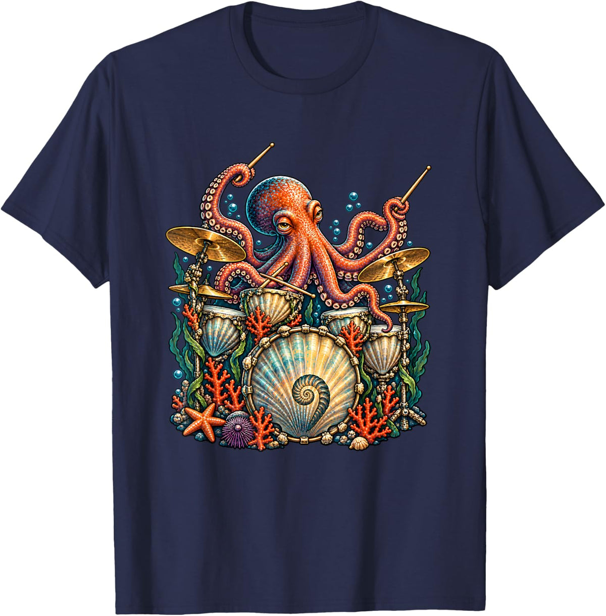 Octopus Drummer Underwater Drum Kit Musician Humor T-Shirt - Navy Blue