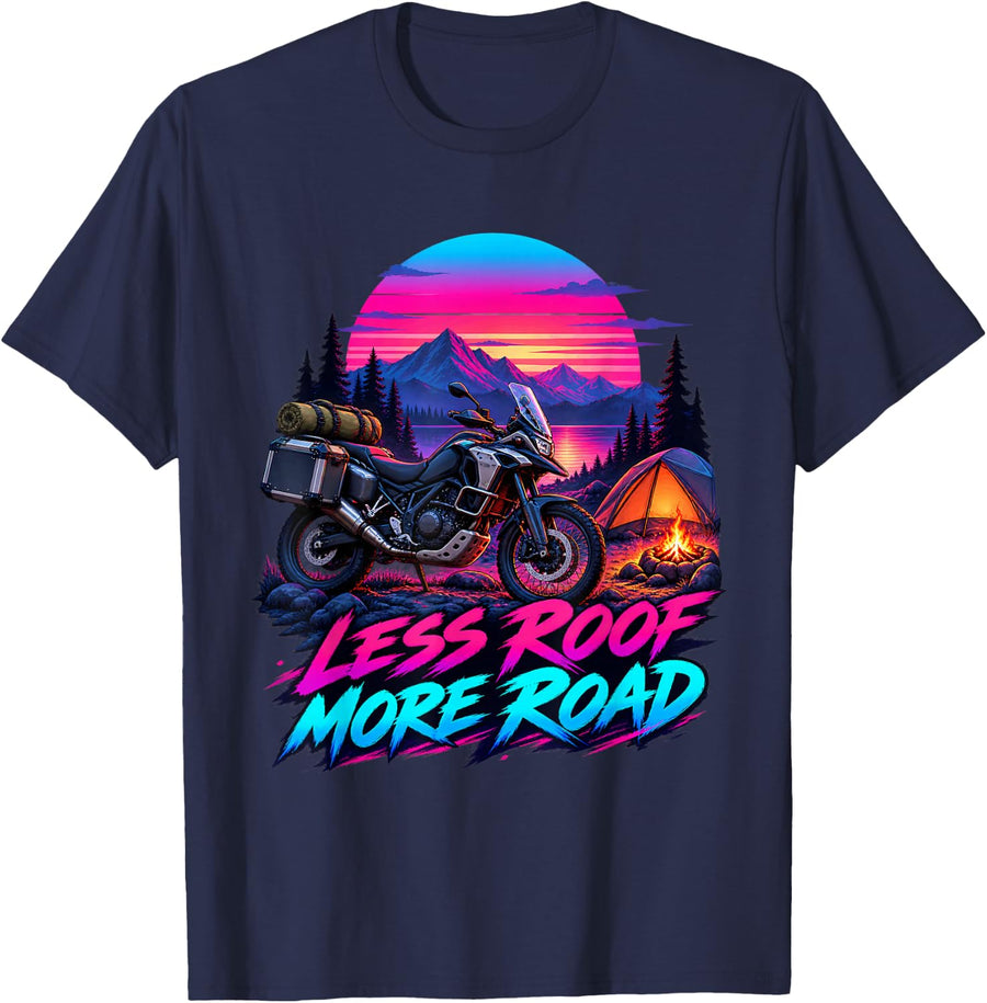 Less Roof More Road Adventure Motorcycle Moto Camper T-Shirt - Navy Blue