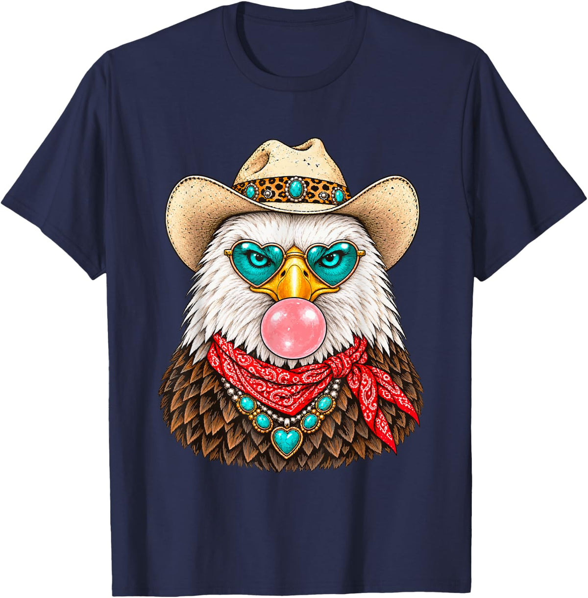 Glam Bald Eagle with Cowboy Hat and Bubblegum Western Animal T-Shirt - Navy Blue