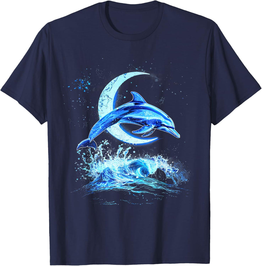 Dolphin Artwork Sea Ocean T-Shirt Tees for Marine Animal Lovers - Navy Blue