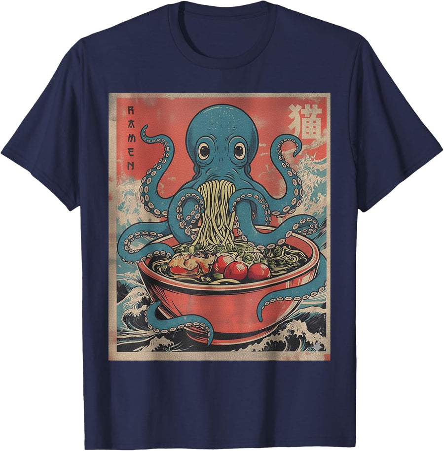 Cute Ramen Octopus Japanese Noodle Sea Animal Humor Men T-Shirt - Navy Blue