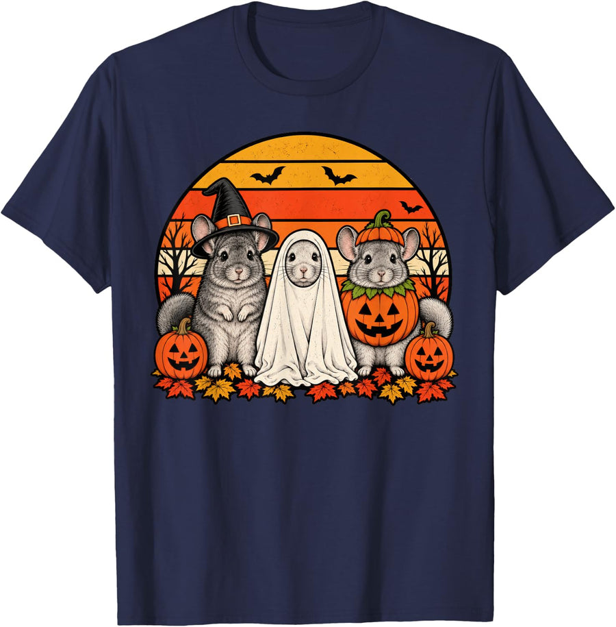 Spooky Chinchilla Pumpkin Ghost Halloween T-Shirt - Navy Blue