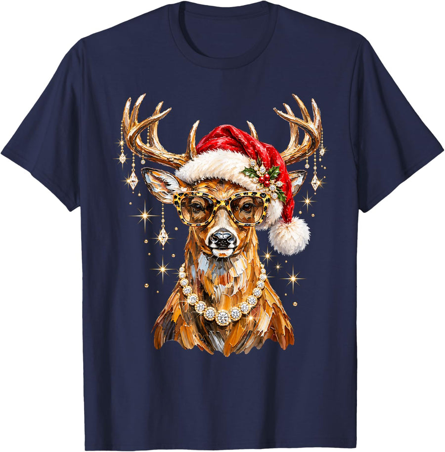 Glam Whitetail Deer Sunglasses Necklace Christmas Hat T-Shirt - Navy Blue