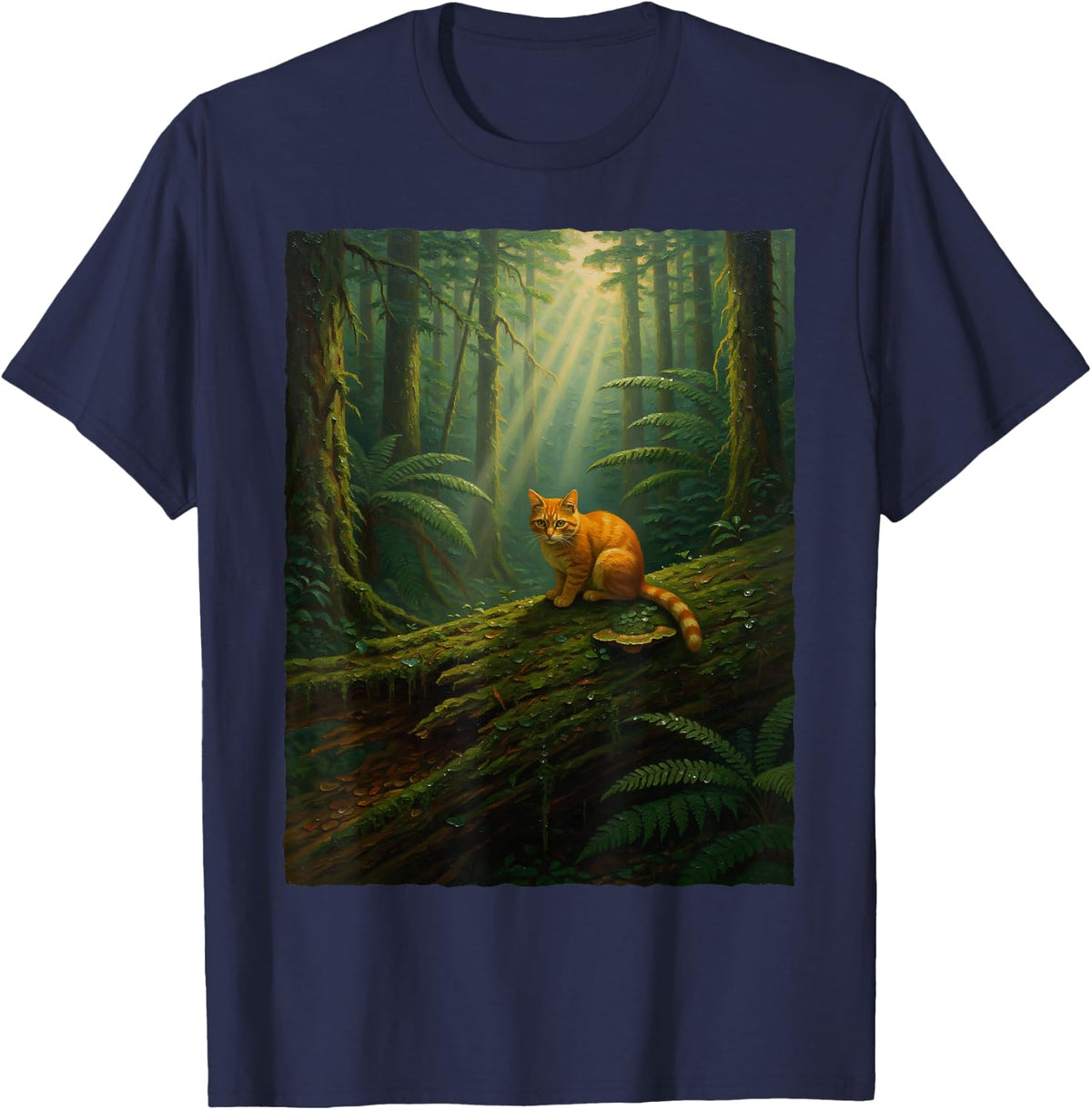 Ginger Orange Tabby Cat in Woodland Forest Nature Sunlight T-Shirt - Navy Blue