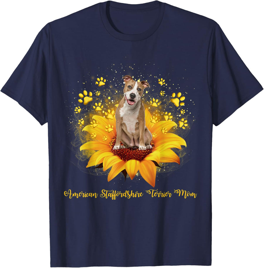 American Staffordshire Terrier Mom Sunflower With Dog Paw T-Shirt for Men Women Kids - Navy Blue