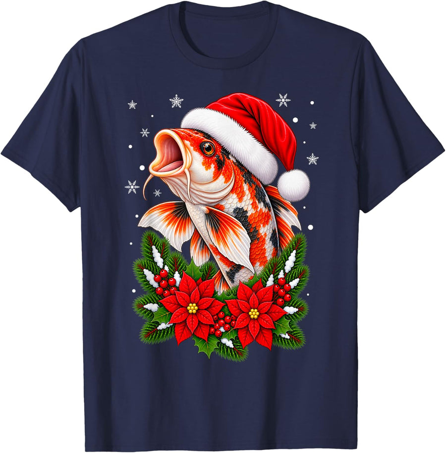Festive Floral Santa Hat Koi Fish Christmas T-Shirt - Navy Blue
