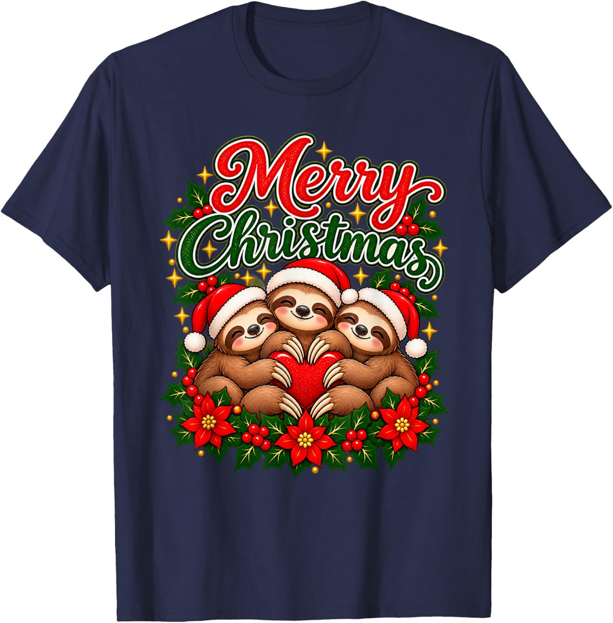Merry Christmas Sloth Joyful Holiday Heart Men Women T-Shirt - Navy Blue