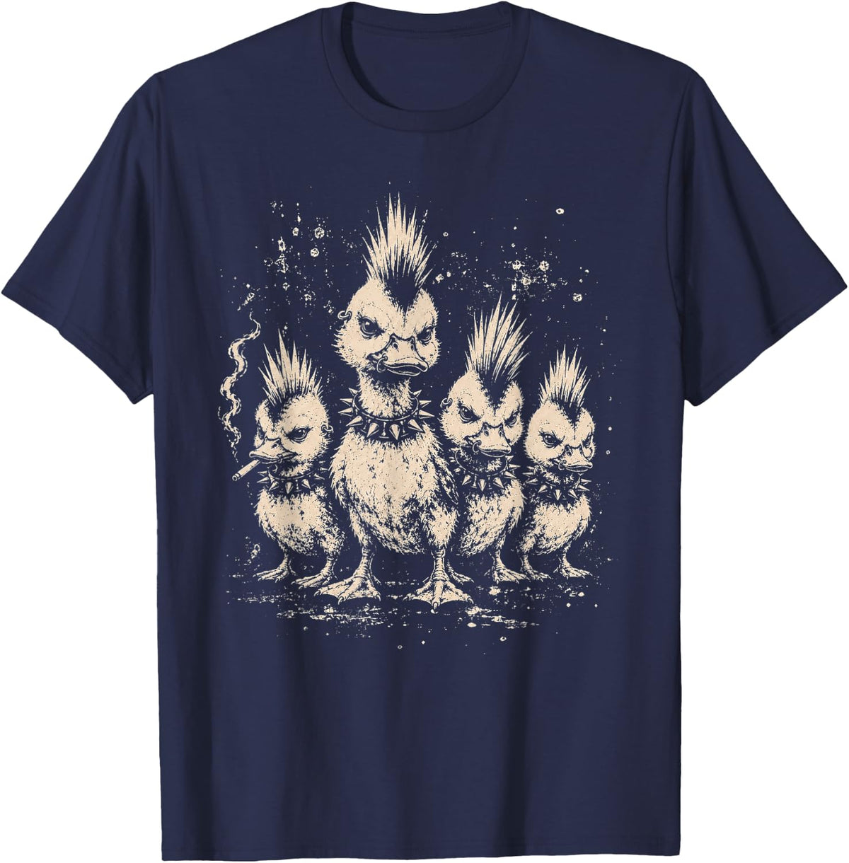 Punk Duck Spiked Collar Vintage Rock Rocker Duck Mohawk T-Shirt - Navy Blue