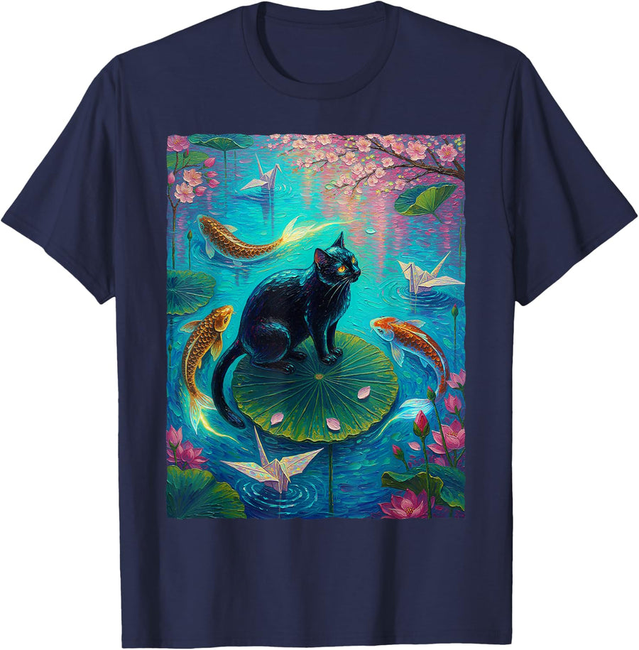 Black Cat Koi Fish Pond Cherry Blossom Origami Crane Art T-Shirt - Navy Blue