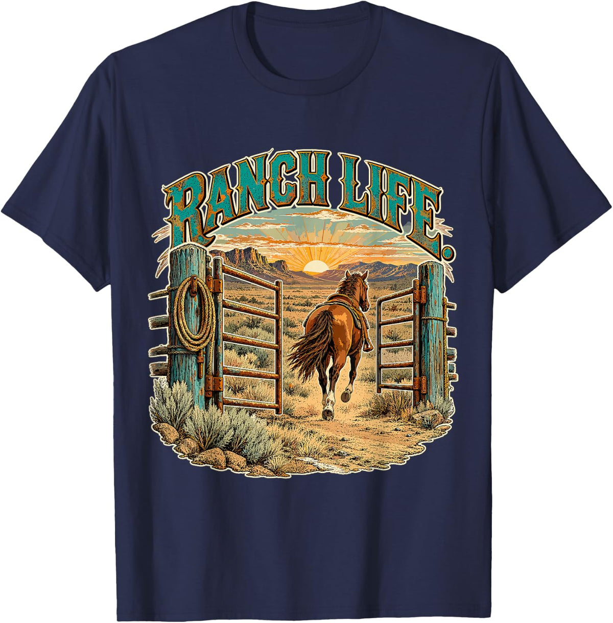 Ranch Life Horse Open Gate Sunrise Western Country Art T-Shirt - Navy Blue