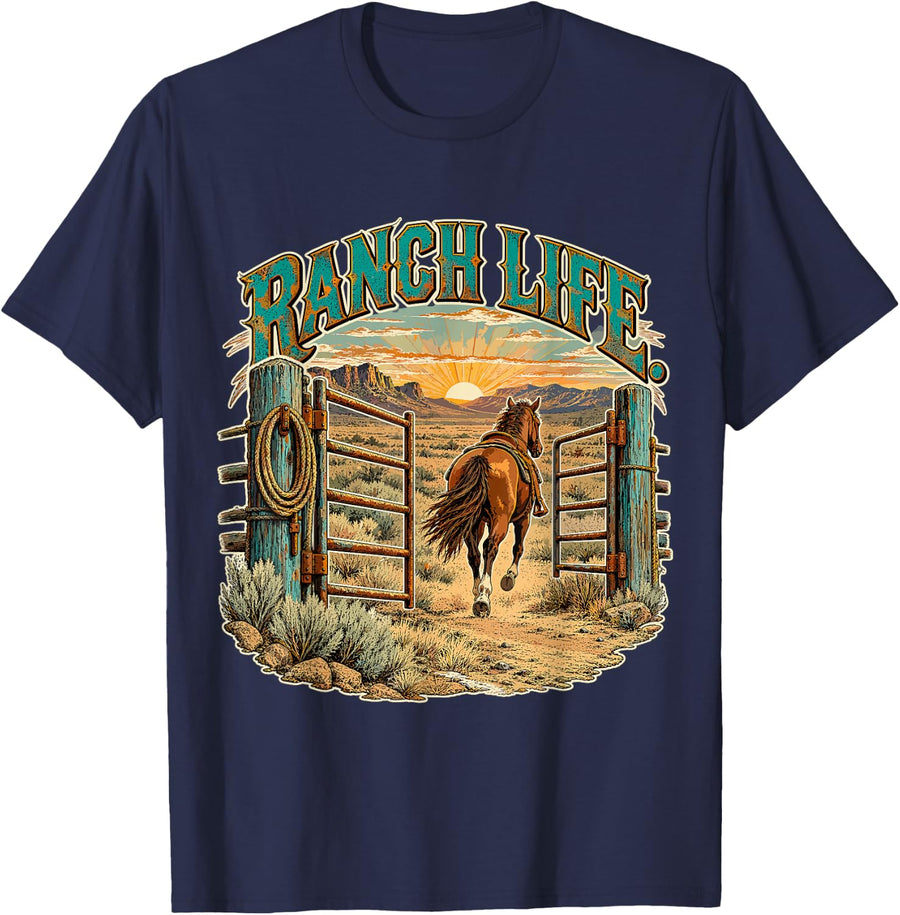 Ranch Life Horse Open Gate Sunrise Western Country Art T-Shirt - Navy Blue