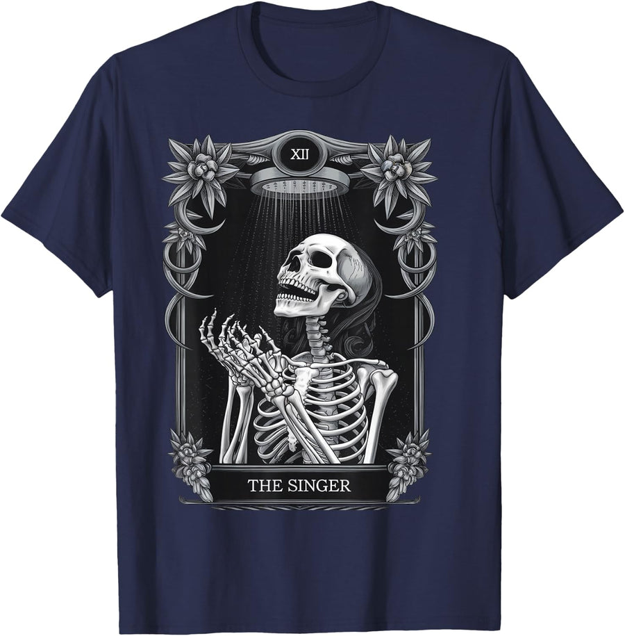 Shower Singing Skeleton Singer Gothic Women's Graphic Tee T-Shirt - Navy Blue