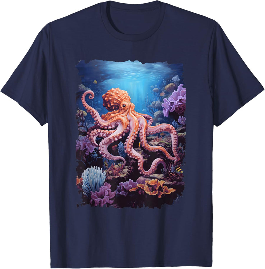 Octopus Kraken Ocean Cephalopod Sea Creatures Graphic T-Shirt - Navy Blue