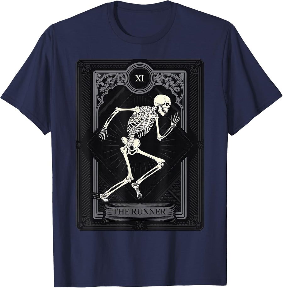 Skeleton The Runner Vintage Running Tarot Card Graphic Tee T-Shirt - Navy Blue