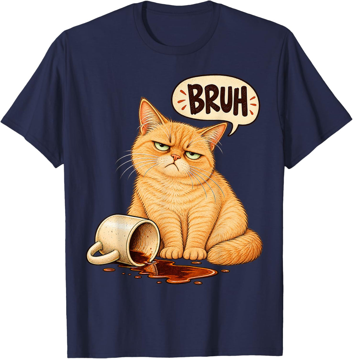 Sleepy Ginger Cat Spilled Coffee Funny Animal Art T-Shirt - Navy Blue