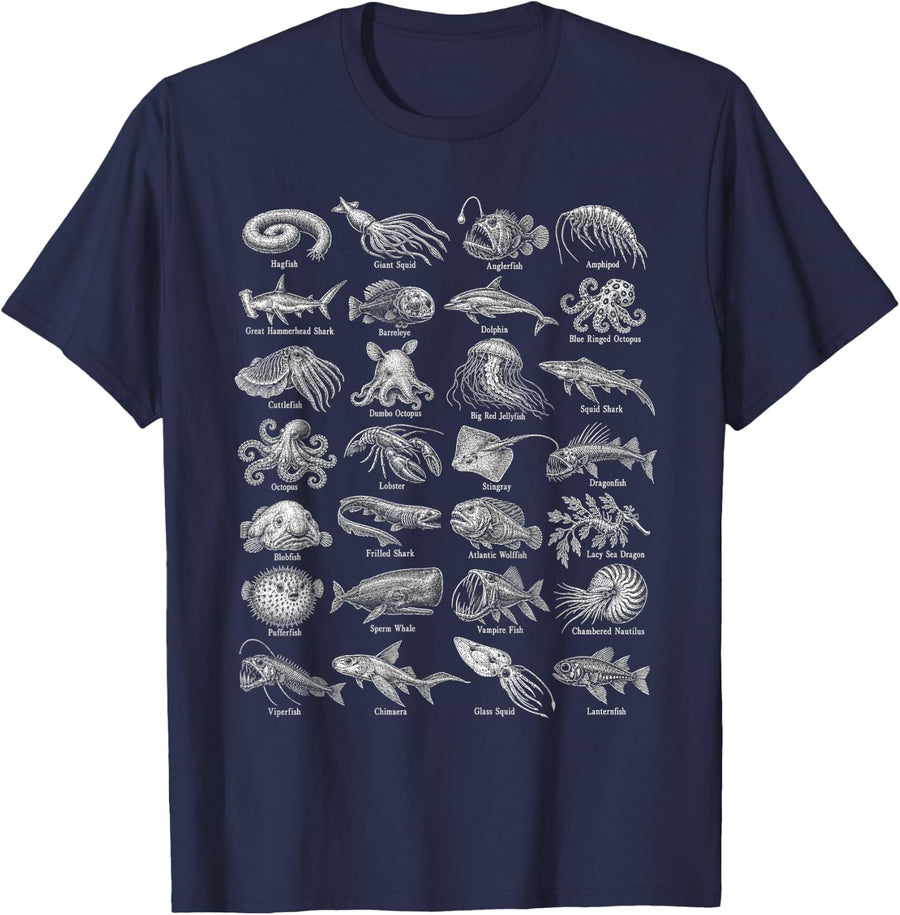 Deep Sea Creatures Marine Biology Vintage Ocean Animal Chart T-Shirt - Navy Blue