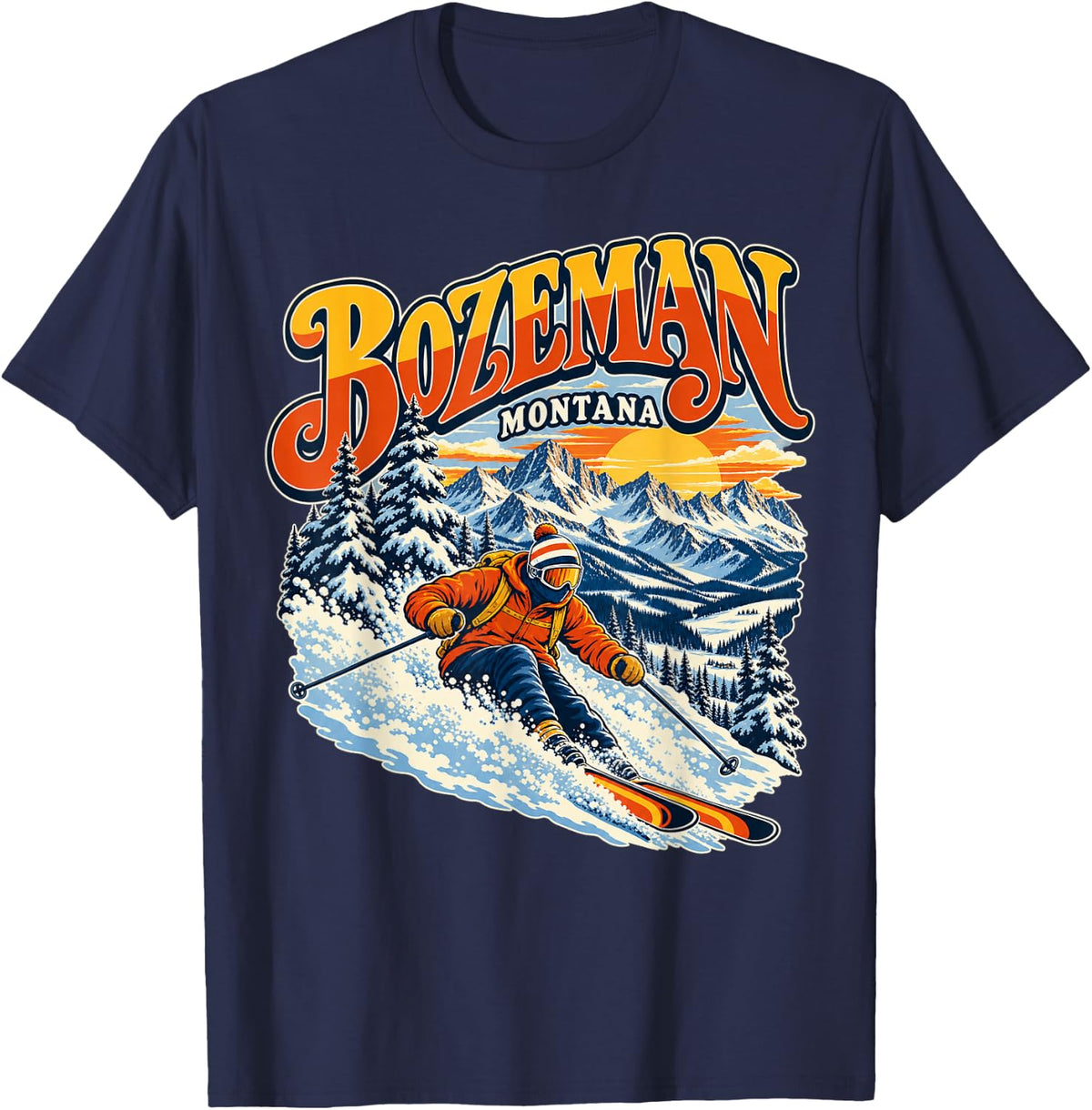 Bozeman Montana Retro Skiing Mountain Sunset T-Shirt - Navy Blue