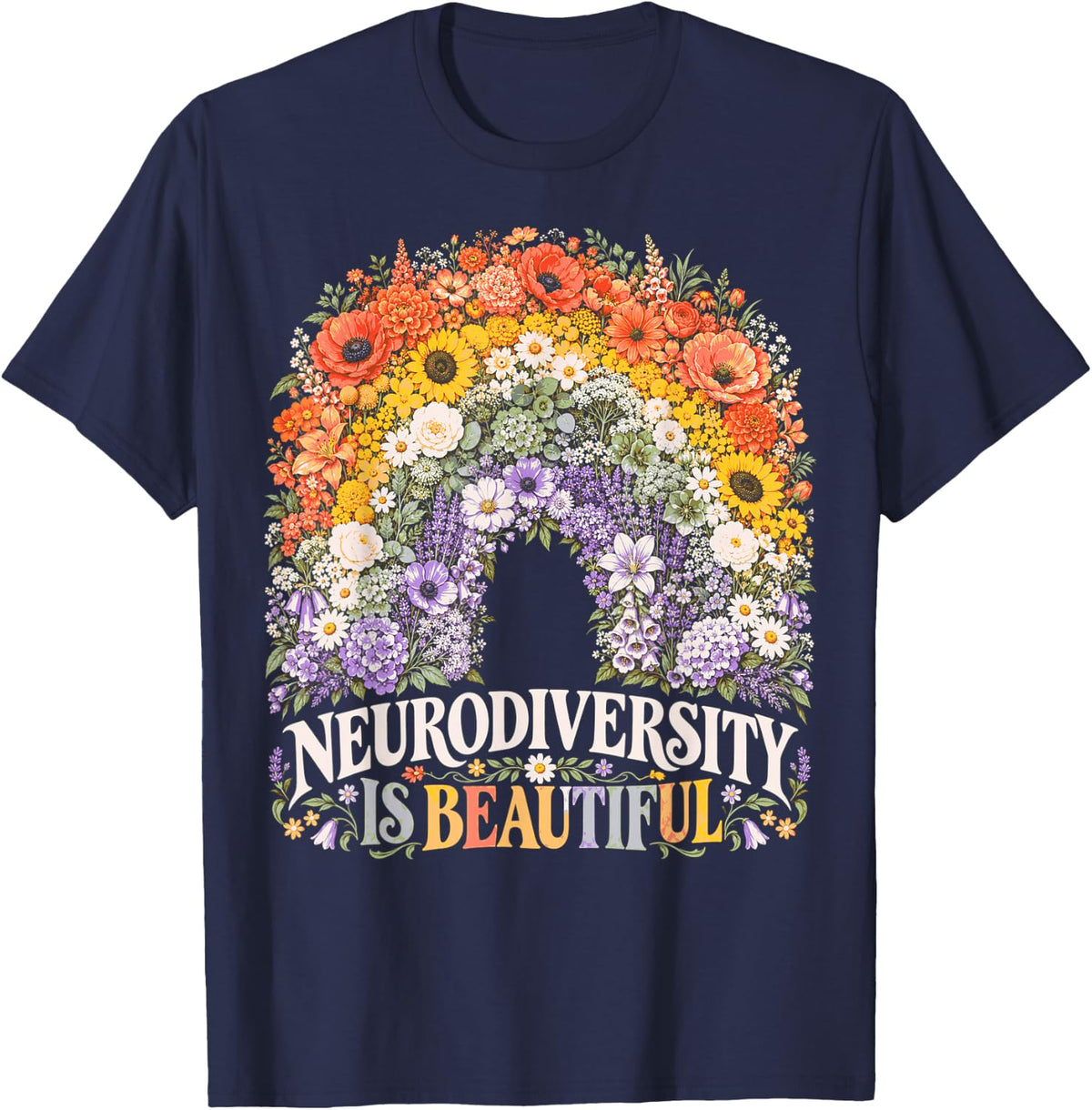 School Psychology Neurodiversity is Beautiful Floral Design T-Shirt - Navy Blue