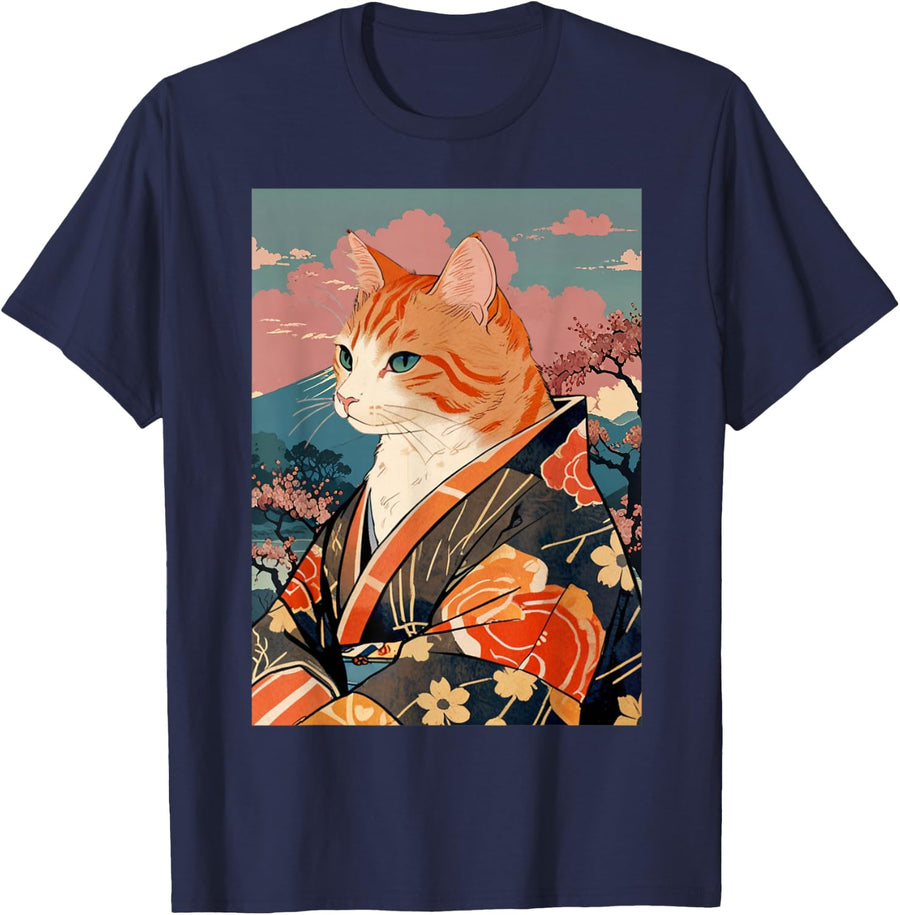 Funny Ginger Orange Cat In Traditional Japanese Kimono T-Shirt - Navy Blue