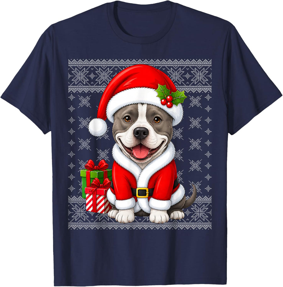 American Staffordshire Terrier Dog Christmas Santa Costume T-Shirt - Navy Blue