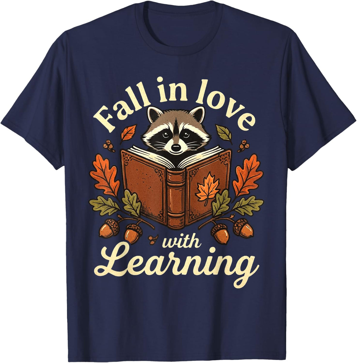 Fall in Love with Learning Autumn Raccoon Teacher T-Shirt - Navy Blue