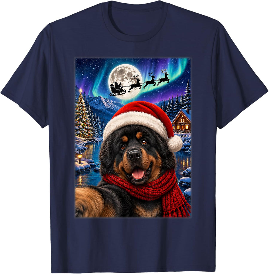 Mastiff Dog Christmas Selfie Moon Night Santa Sleigh Xmas T-Shirt - Navy Blue