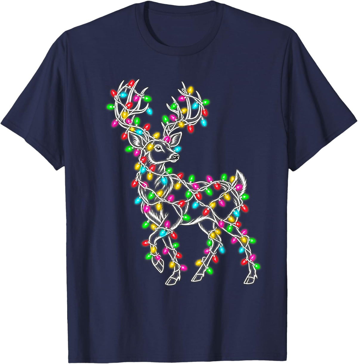 Christmas Whitetail Deer String Lights Hunting Hunter Xmas T-Shirt - Navy Blue