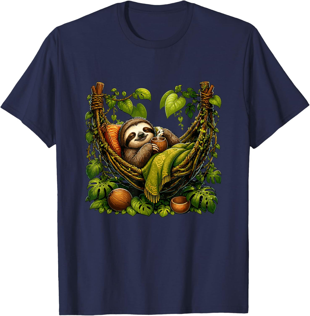 Lazy Sloth Coffee Break in Jungle Hammock T-Shirt - Navy Blue
