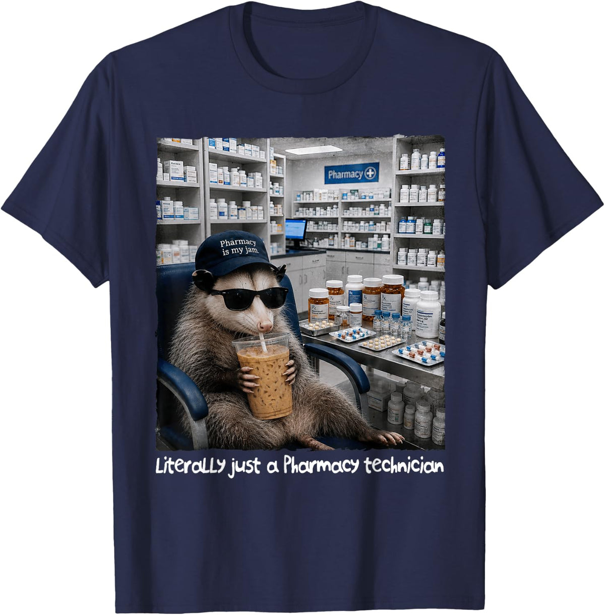 Literally Just Pharmacy Technician Pharmacist Possum T-Shirt - Navy Blue