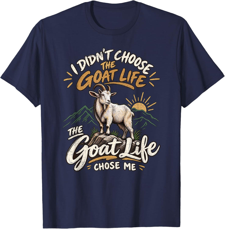 The Goat Life Chose Me Mountain Sunrise Horned Billy Art T-Shirt - Navy Blue
