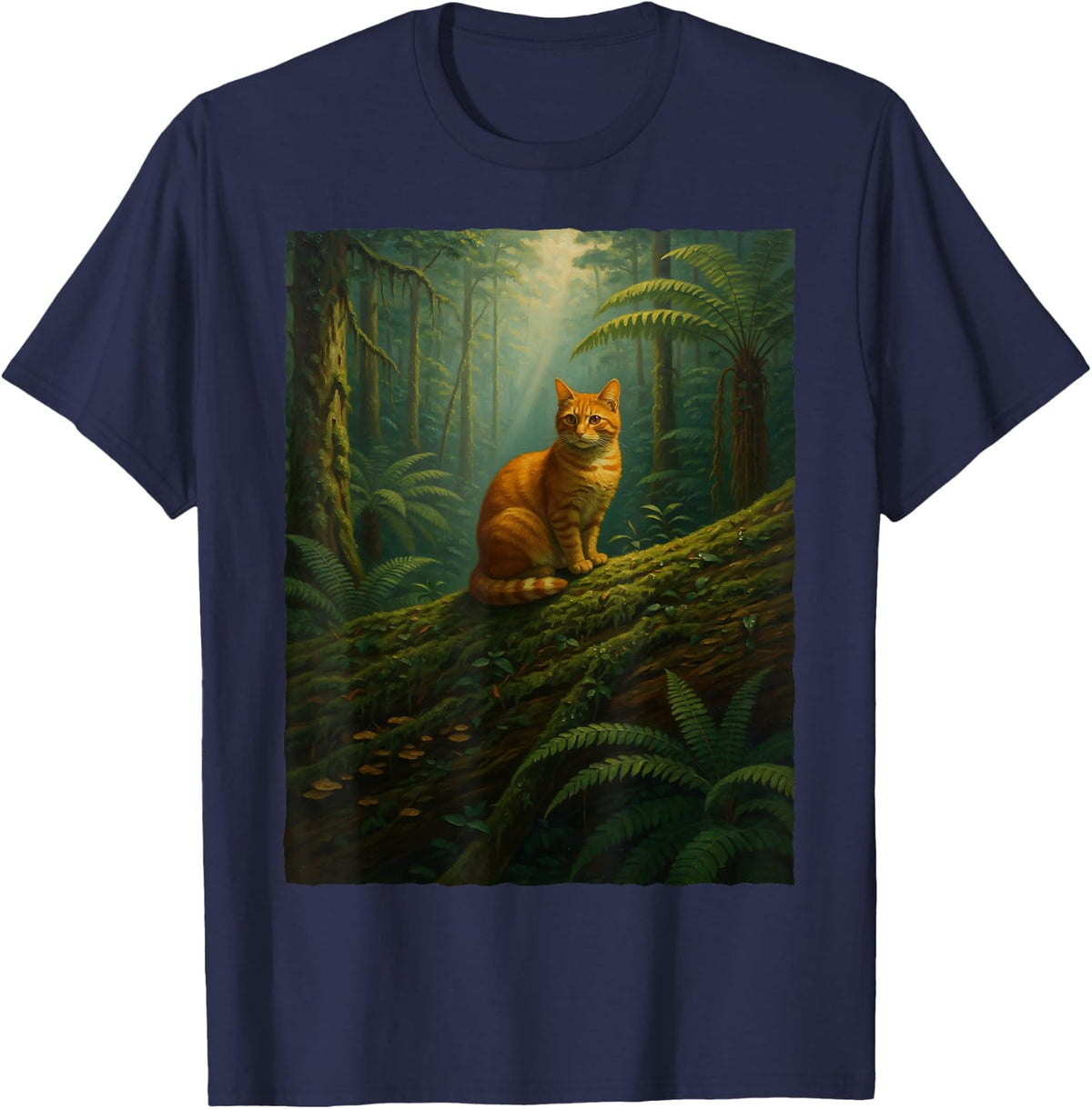 Vintage Ginger Orange Tabby Cat in Mossy Forest Nature Art T-Shirt - Navy Blue