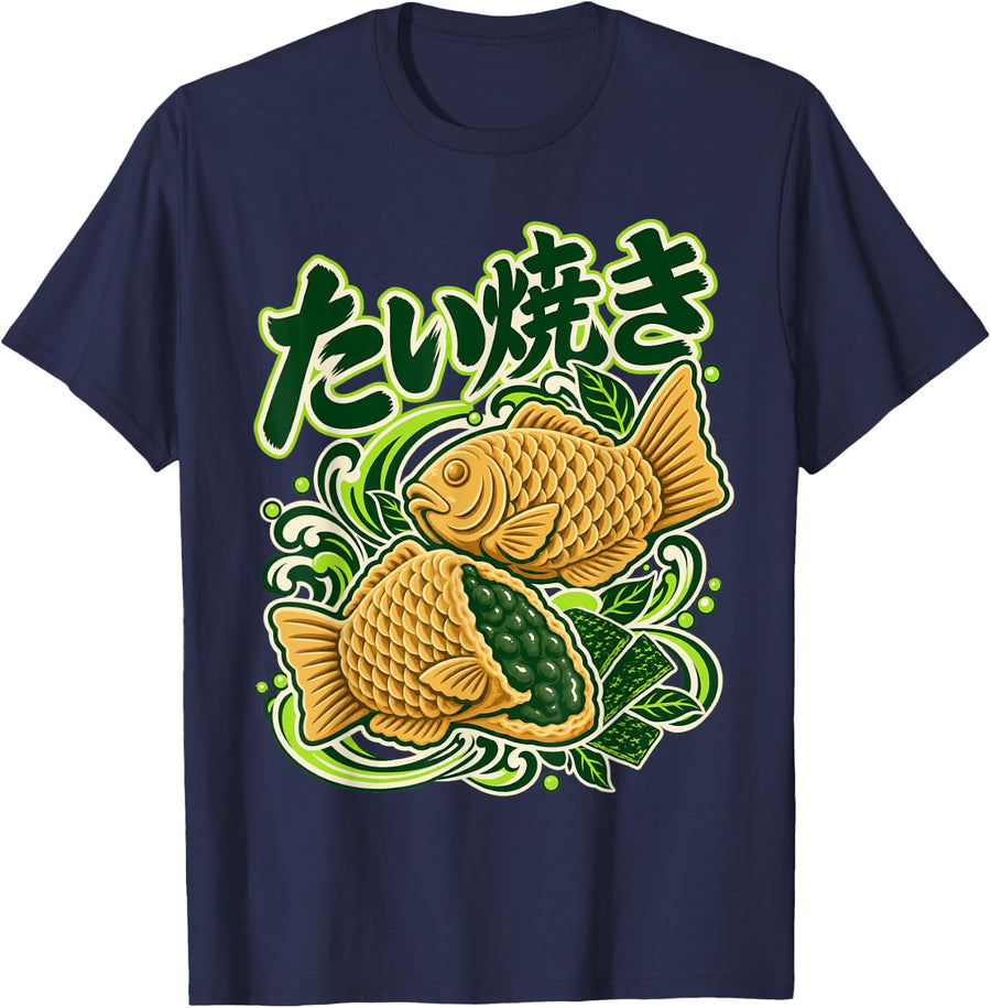 Japanese Taiyaki Street Food with Koi Waves T-Shirt - Navy Blue
