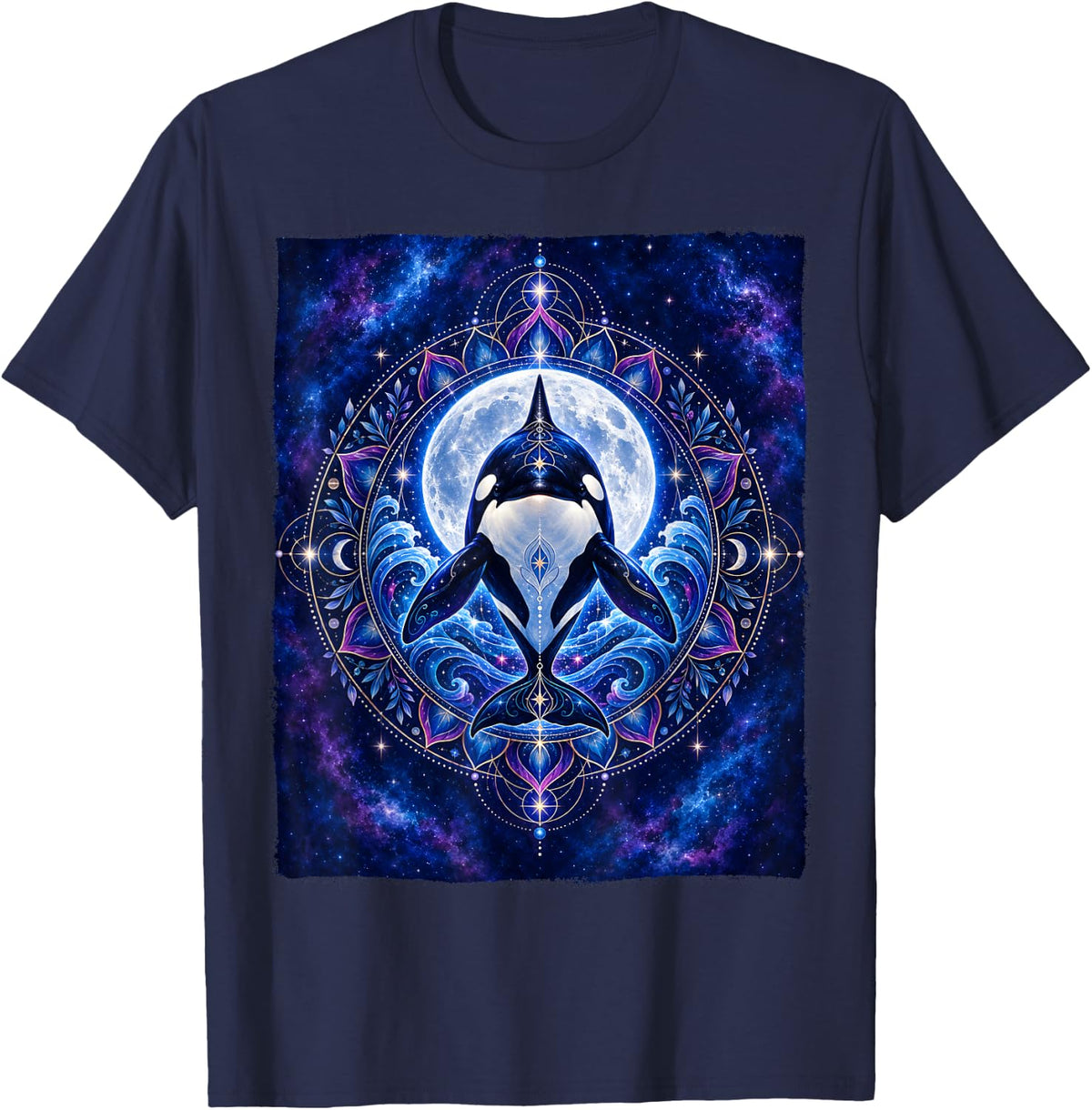Orca Killer Whale Mandala Moon Celestial Spiritual Animal T-Shirt - Navy Blue