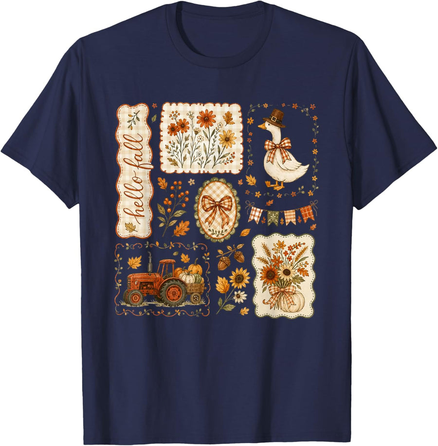 Hello Fall Goose Cute Farm Pumpkin Floral Fall Thanksgiving T-Shirt - Navy Blue