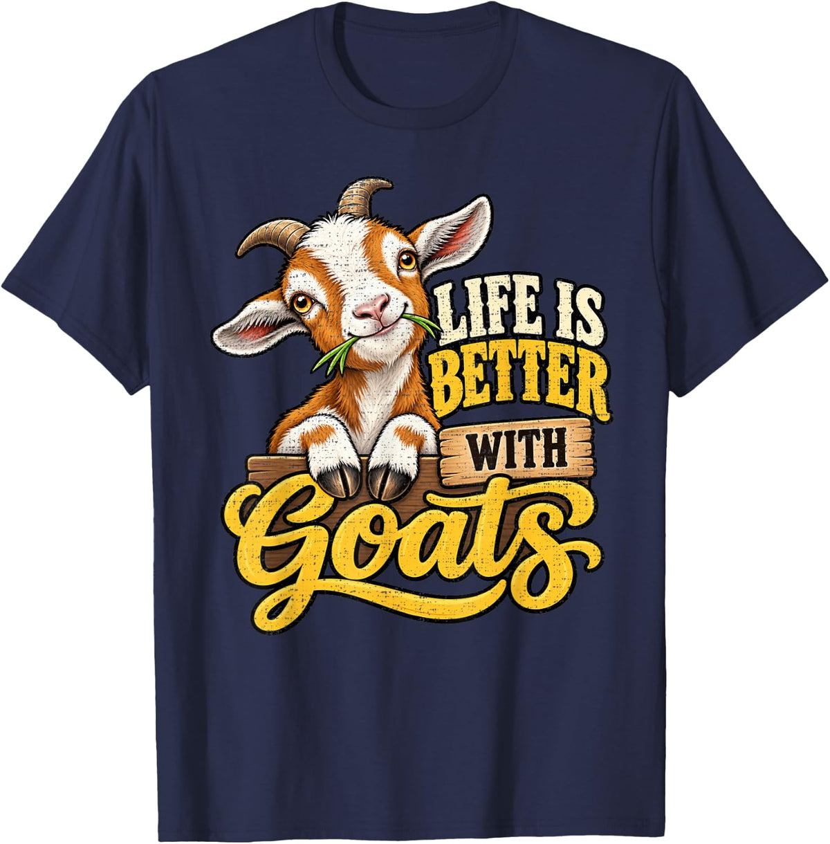Life is Better with Goats Cute Billy Chewing Straw Graphic T-Shirt - Navy Blue