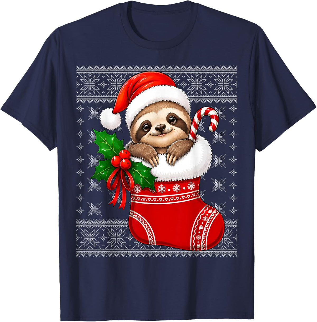 Sloth Christmas Stocking Cute Festive Sloth Ugly Xmas T-Shirt - Navy Blue