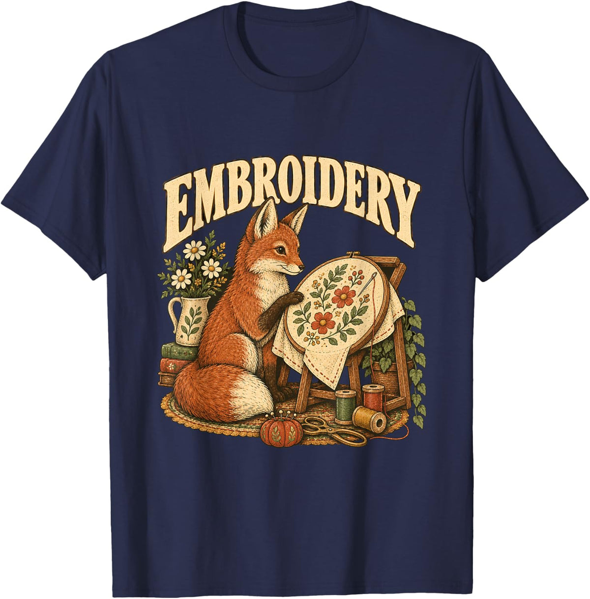 Embroidery Fox Stitching Hoop Retro Illustration T-Shirt - Navy Blue