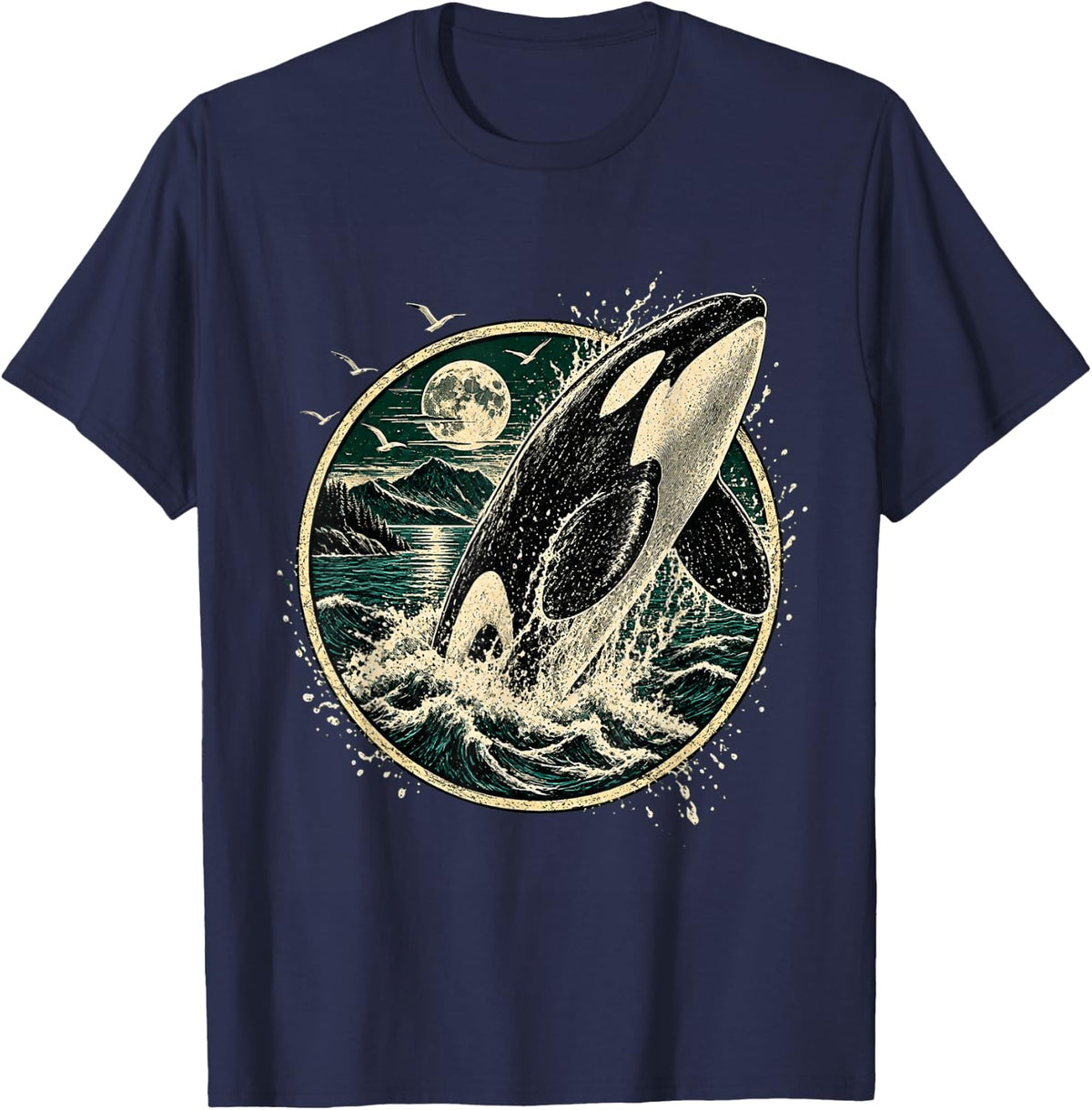 Vintage Orca Whale Pacific Northwest Ocean Wildlife T-Shirt - Navy Blue