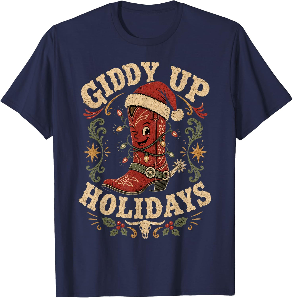 Giddy Up Holidays Cowboy Boot T-Shirt - Navy Blue