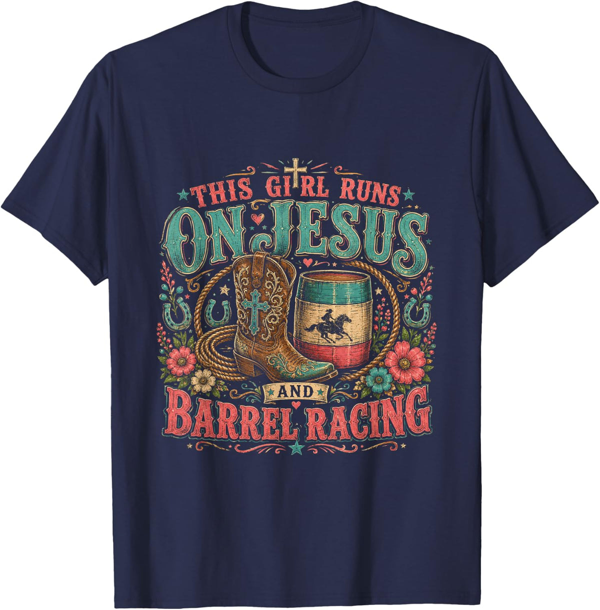 On Jesus and Barrel Racing T-Shirt - Navy Blue
