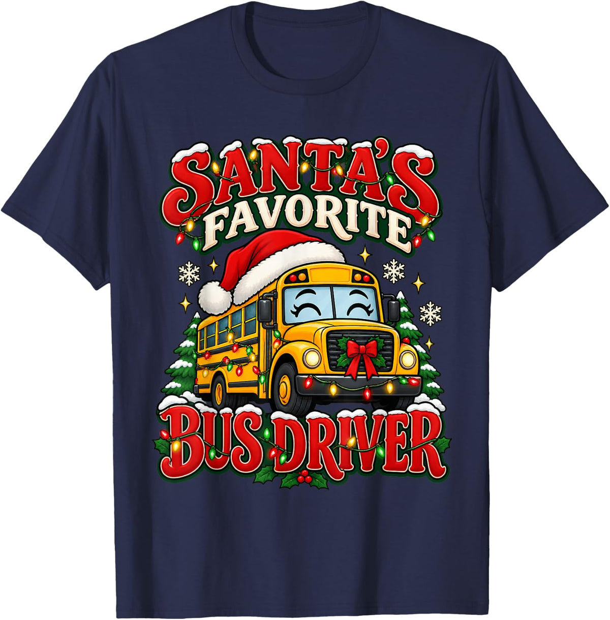 Santa's Favorite Bus Driver Christmas T-Shirt - Navy Blue