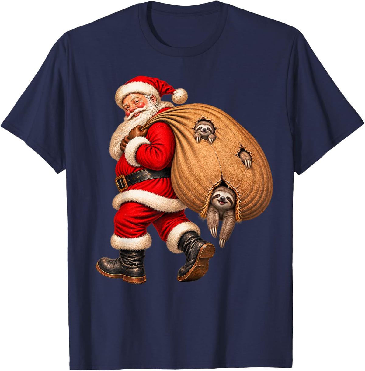 Santa Claus Delivering Sloth Presents Naughty T-Shirt - Navy Blue