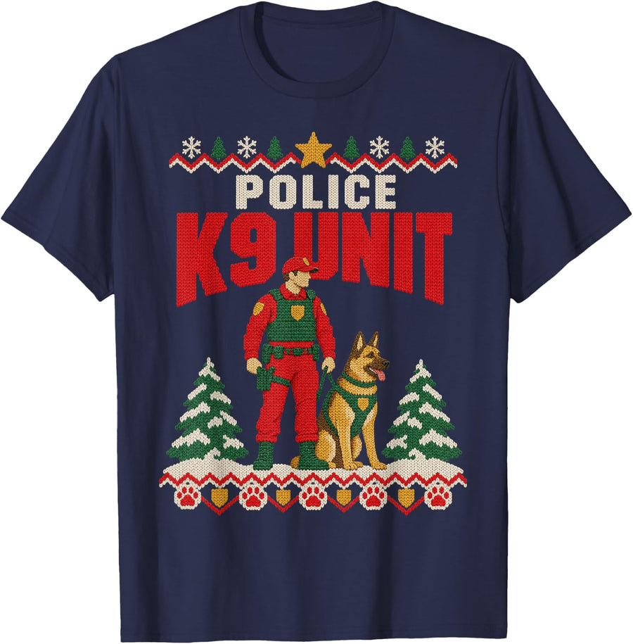 Police K9 Unit Ugly Christmas Sweater German Shepherd Dog T-Shirt - Navy Blue
