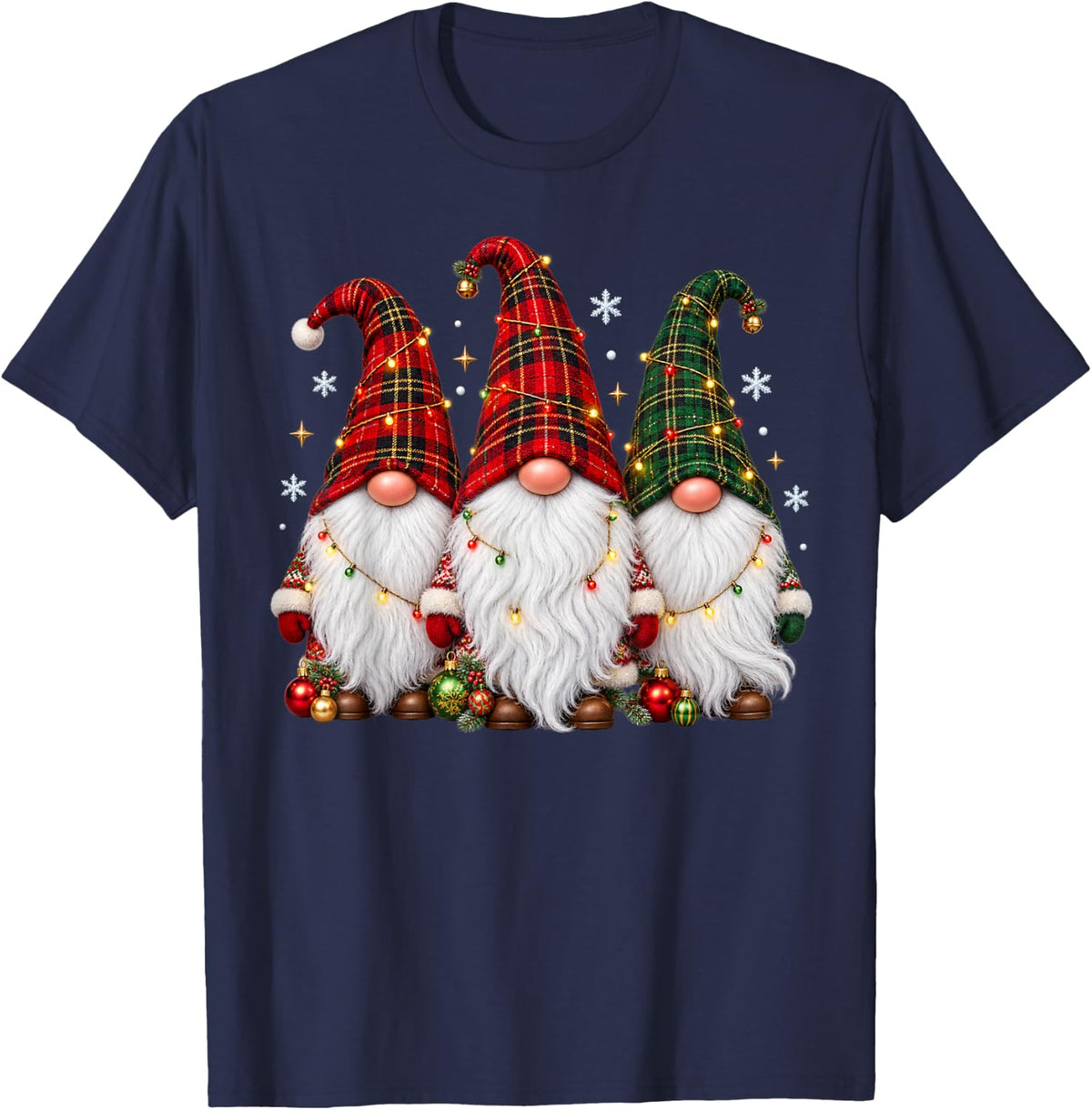 Three Gnomes Men Women Buffalo Plaid Red Christmas T-Shirt - Navy Blue