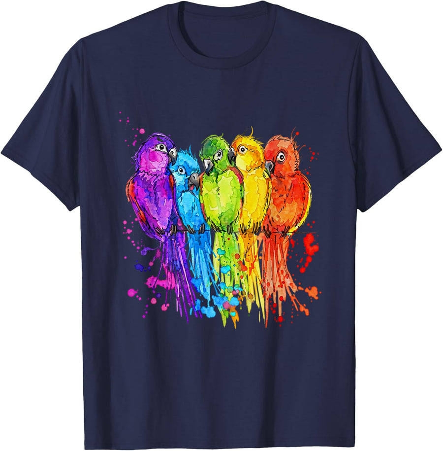 Colorful Parrots Rainbow Watercolor Tropical Bird Lover Art T-Shirt - Navy Blue