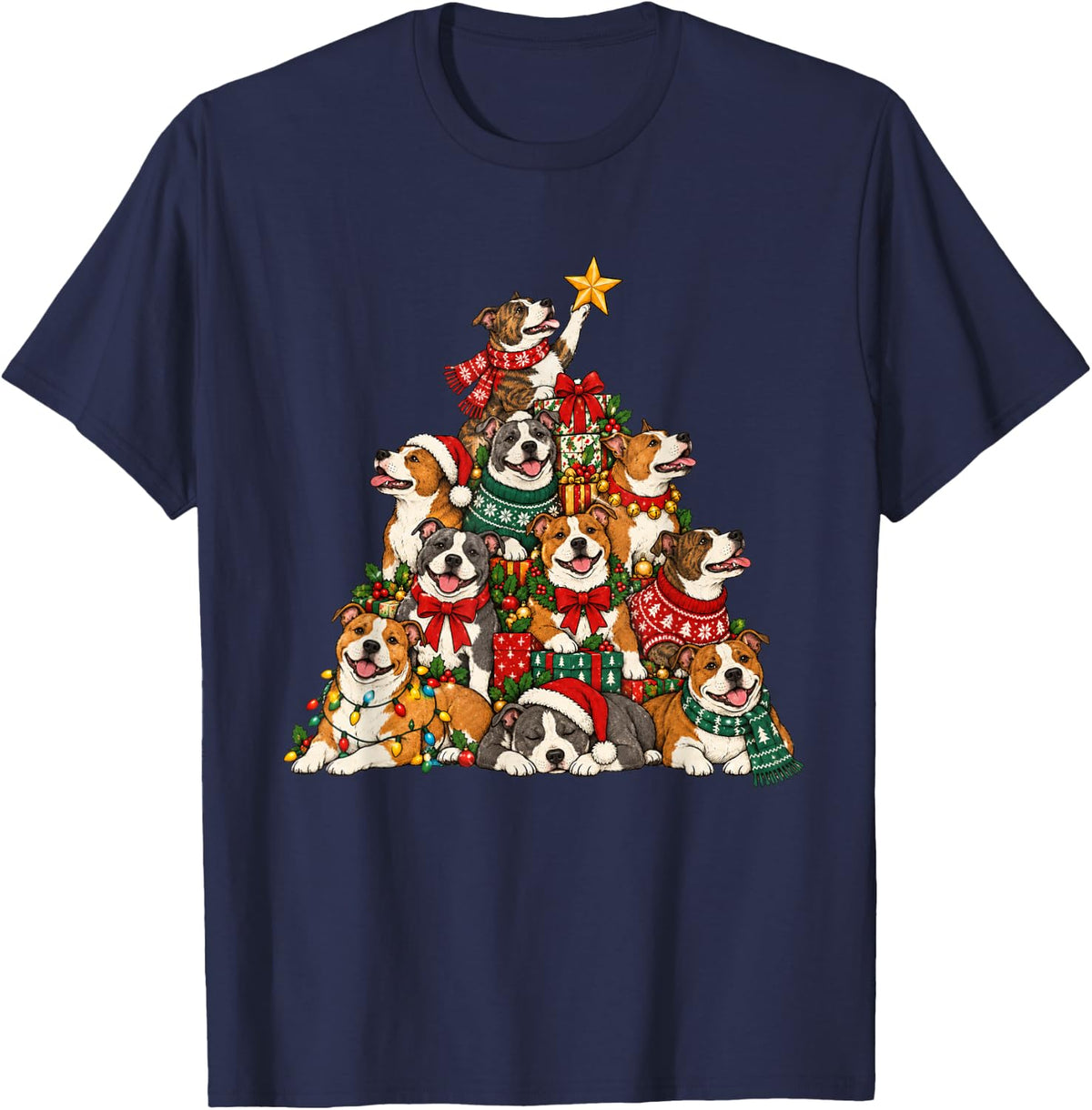 Funny American Staffordshire Terrier Christmas Lights Tree T-Shirt - Navy Blue