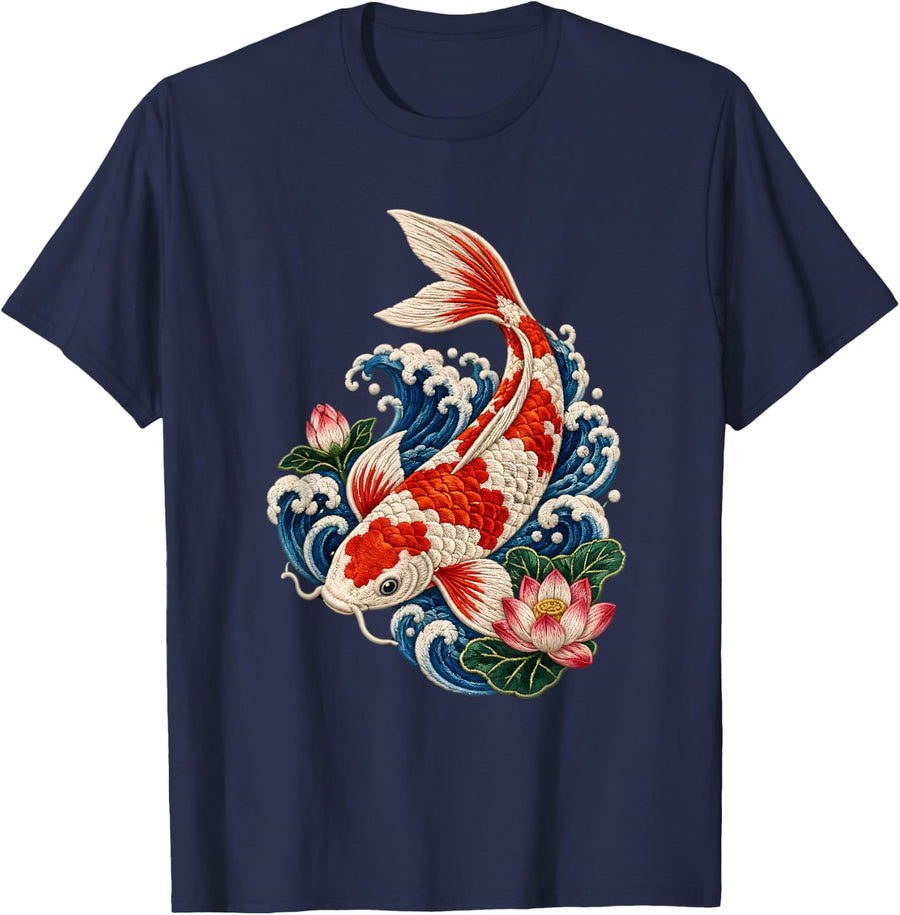 Koi Fish Ornamental Carp Aquatic Art Illustration T-Shirt - Navy Blue