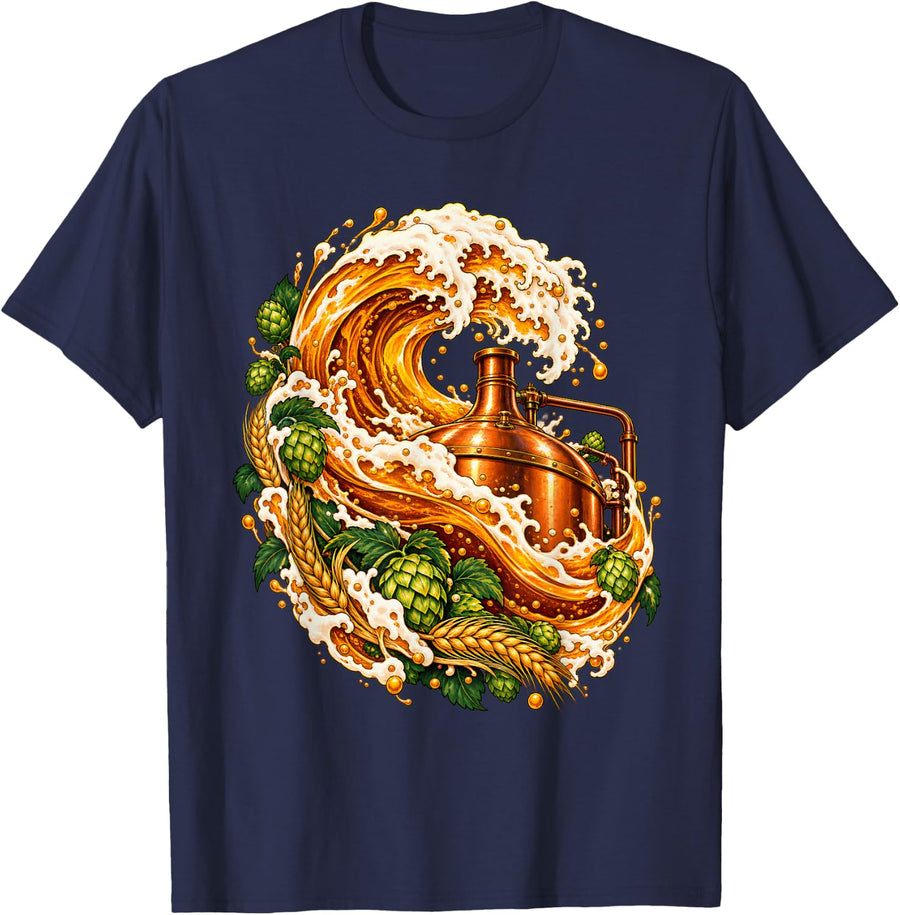 Home Brewing Beer Wave Hops and Copper Brew Kettle T-Shirt - Navy Blue