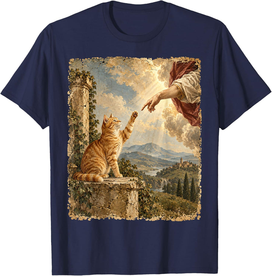 Funny Orange Cat Renaissance Vintage Art Gifts Men Women Kid T-Shirt - Navy Blue