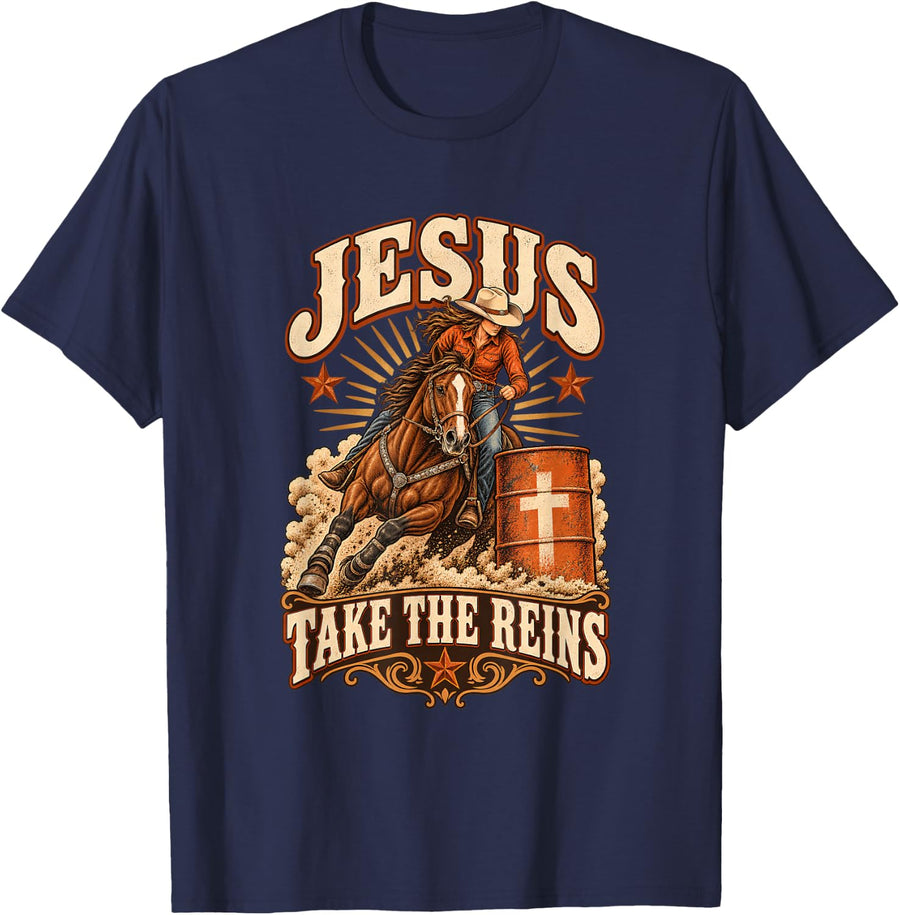 Vintage Retro Horse Barrel Racing Jesus Take The Reins Rodeo T-Shirt - Navy Blue